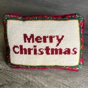 Vintage Needlepoint Christmas Pillow Merry Christmas Velvet Back 5x8 Cottagecore